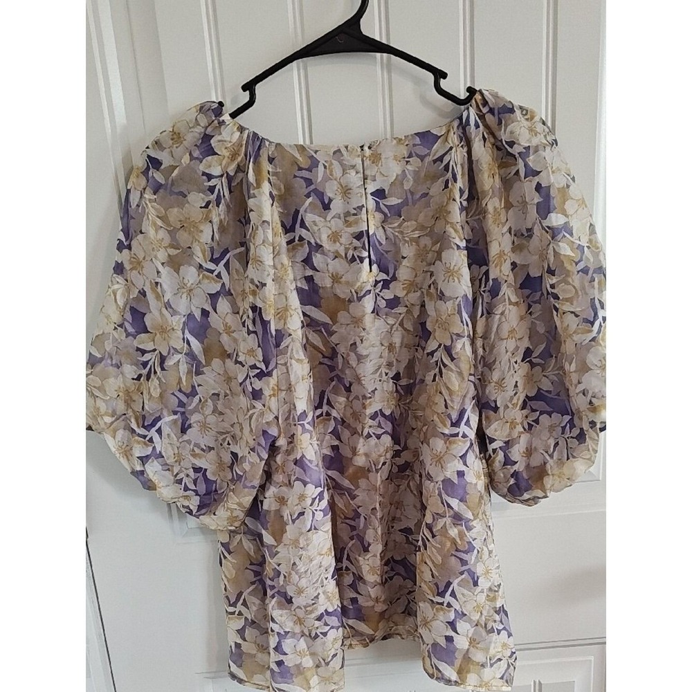 Melloday Womens XL Floral Puff Sleeve Blouse Lavender Tan Square Neck NWT